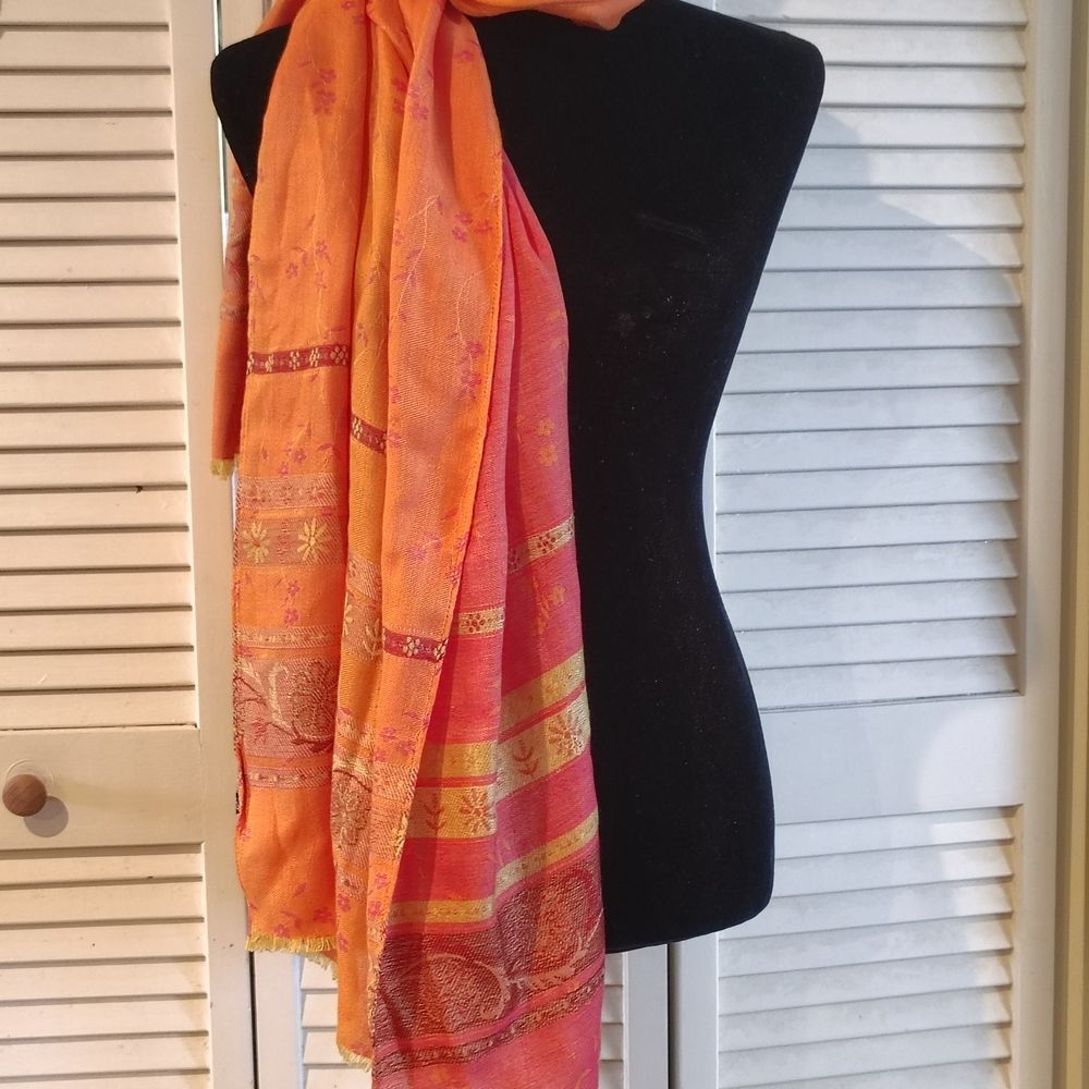 Marc Rozier Paris Silk Blend Scarf – Orange with Gold Floral Accents - Size - OS - Picture 3 of 8